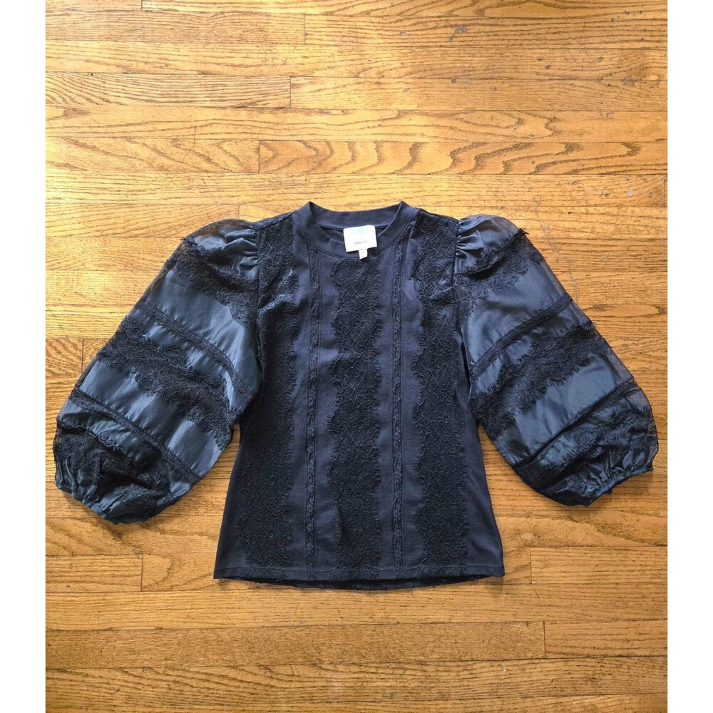 Cinq A Sept Womens Stefania Lace Trim Balloon Sheer Sleeve Black Size Small